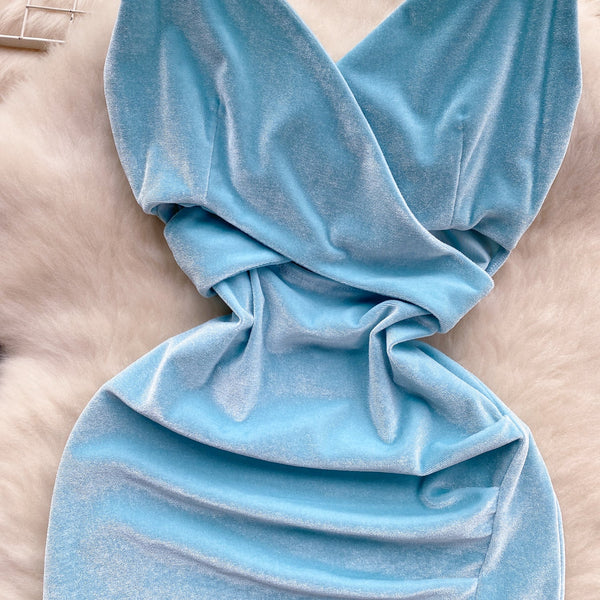 High-end Wathet Velvet Slip Dress