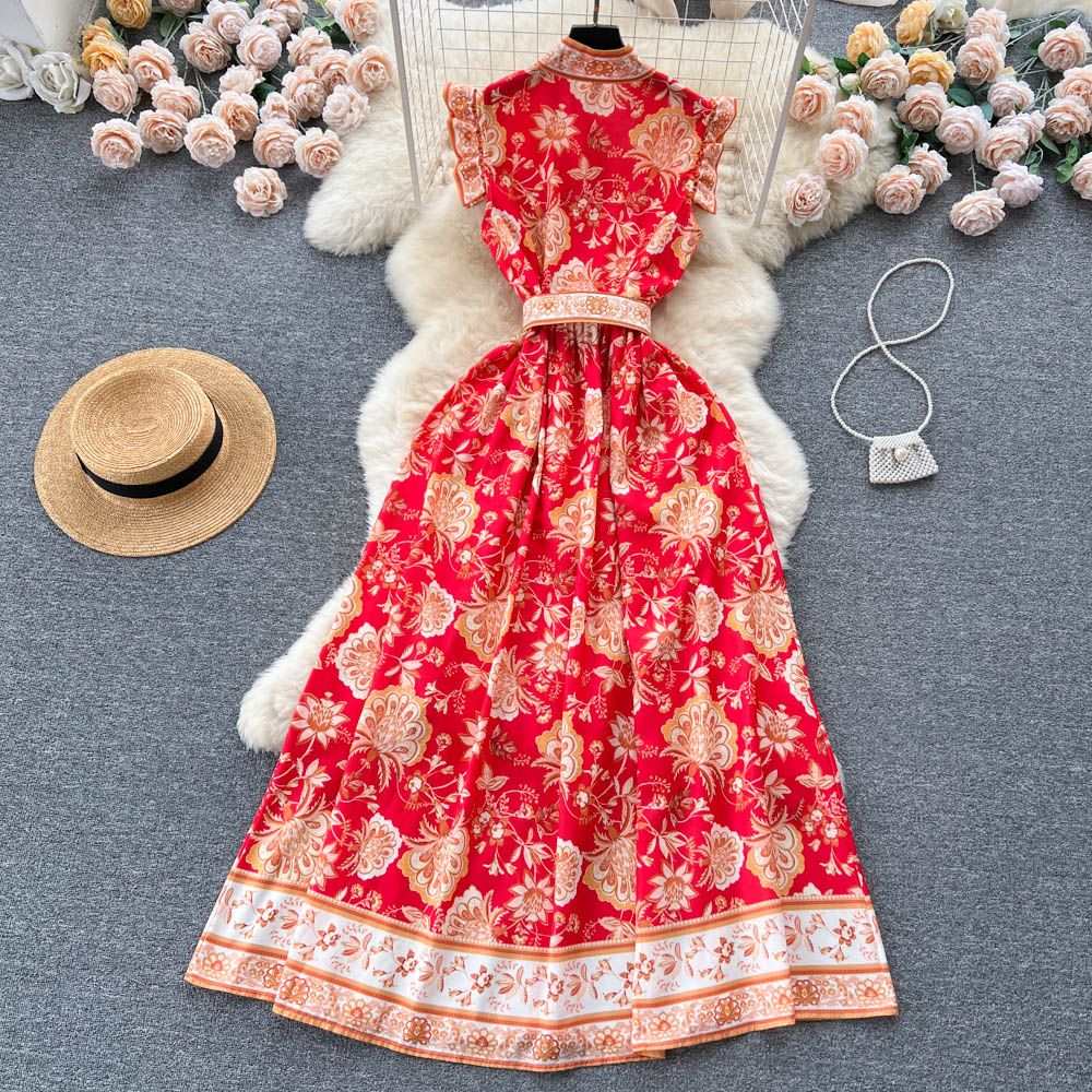 Ethnic Sleeveless Ruffled Floral Dress