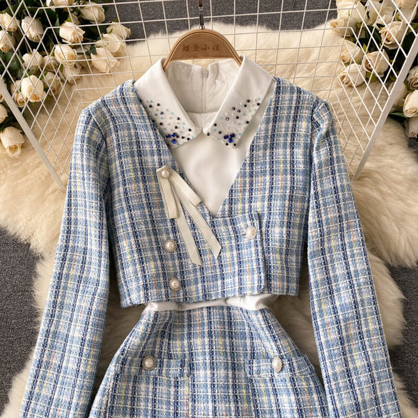 Plaid Beaded Cardigan&Tweed Dress 2PCs