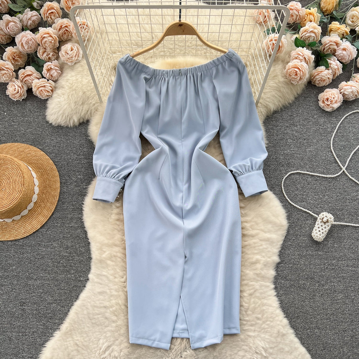 Off-shoulder Single-breasted Blue Dress