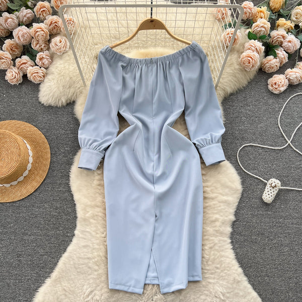 Off-shoulder Single-breasted Blue Dress