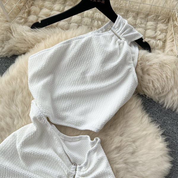 Asymmetric Slant Neckline Slit White Dress
