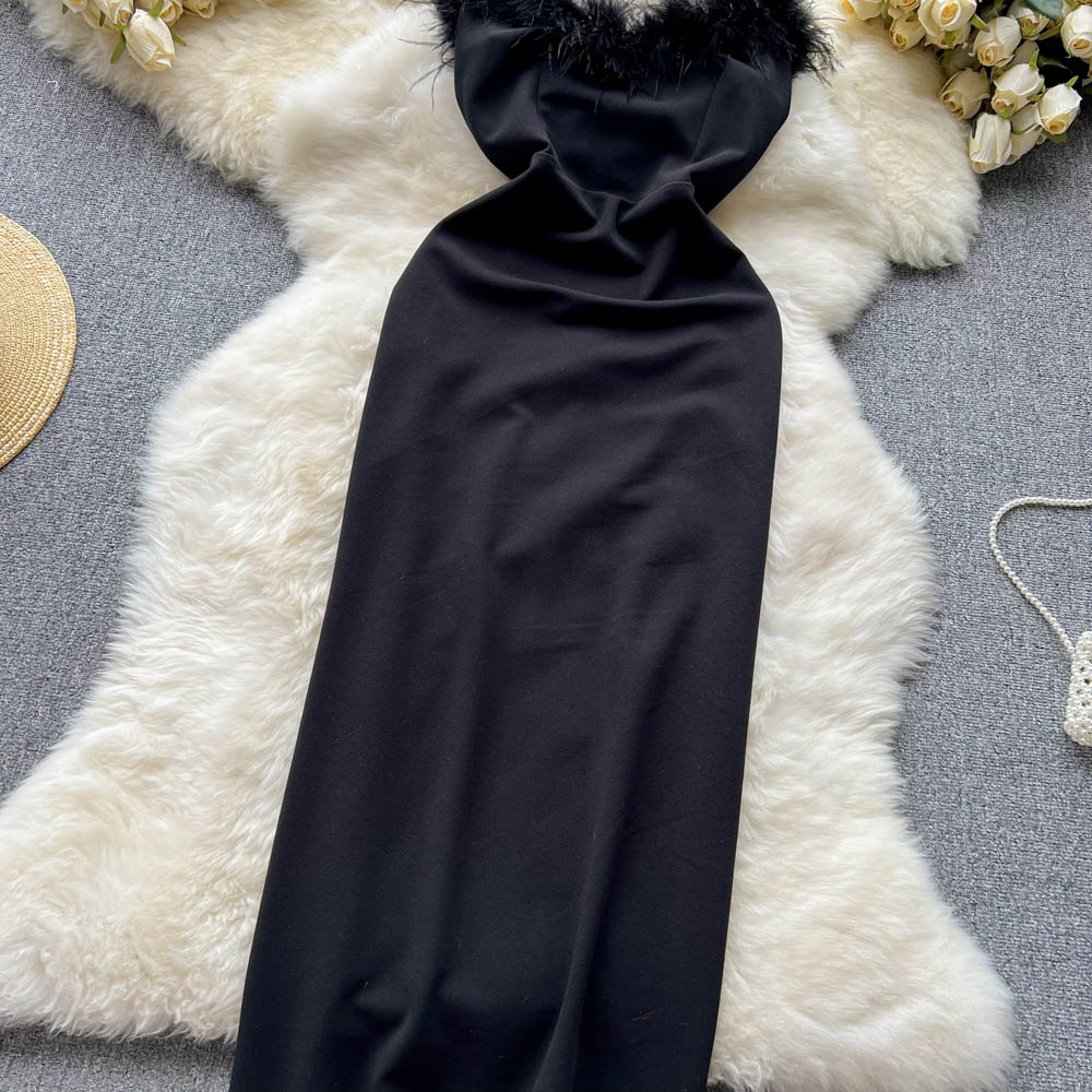 Furry Trim Waist-slimming Black Dress