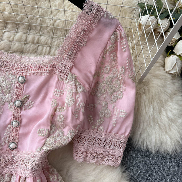 Vintage Embroidery Pink Princess Dress