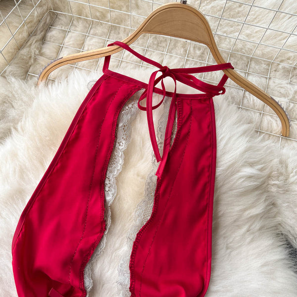 Red Lace Patchwork Cut-out Halter Dress