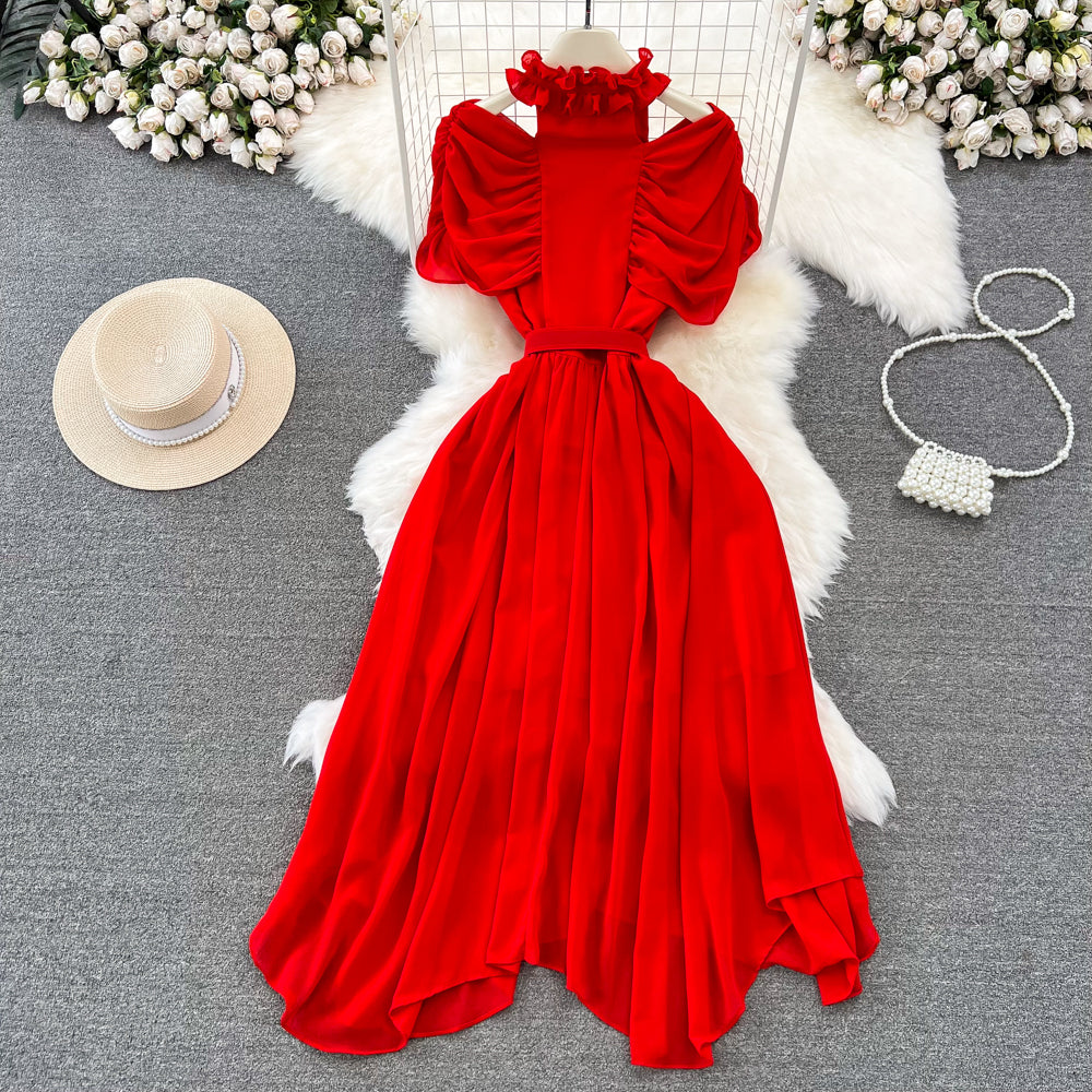 Stand collar Ruffled Chiffon Dress