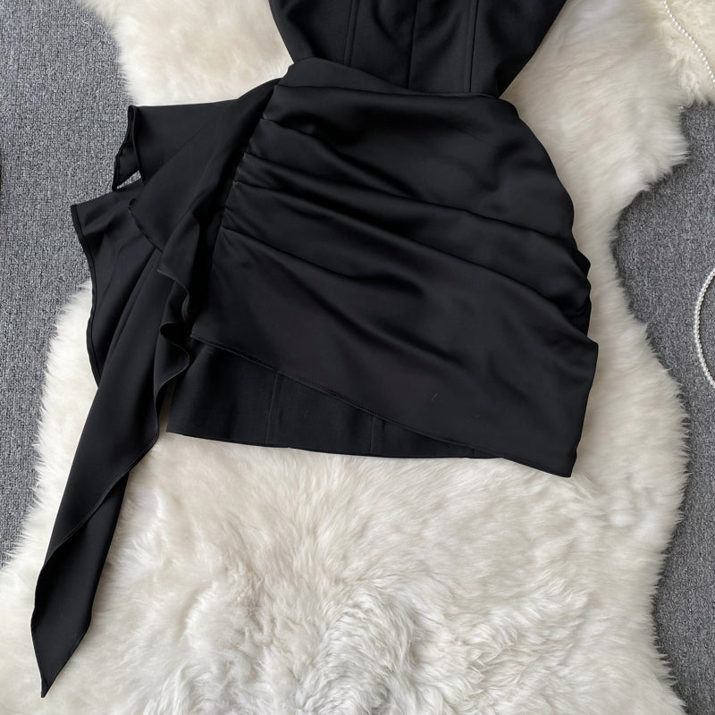 Kırışık Ruffle Siyah Elbise