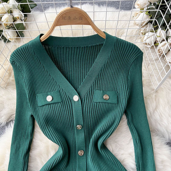 Elegant V-neck Long Sleeve Knitted Dress