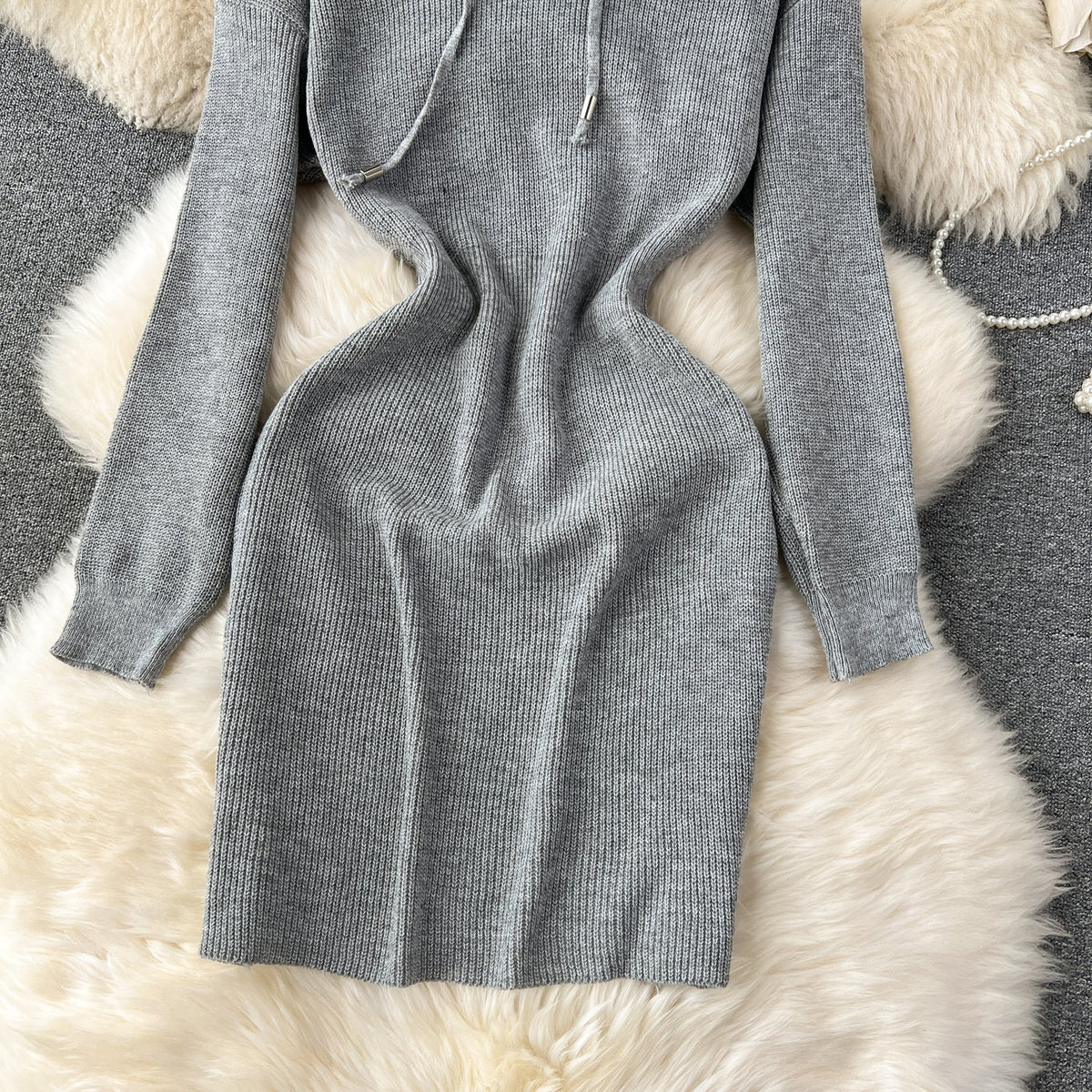 Hooded Drawstring Stretchy Knitted Dress