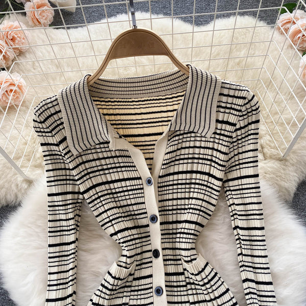 Vintage Striped Knitted Bottoming Shirt Dress