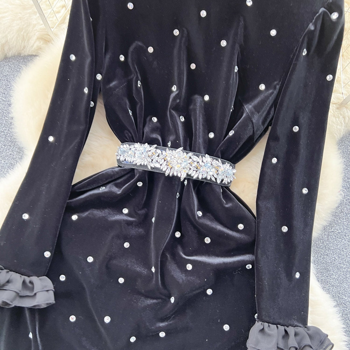 Vintage Beaded Ruffled Velvet Dress