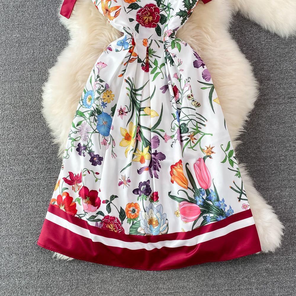 Bow-tie Lace-up Printed Floral Dress