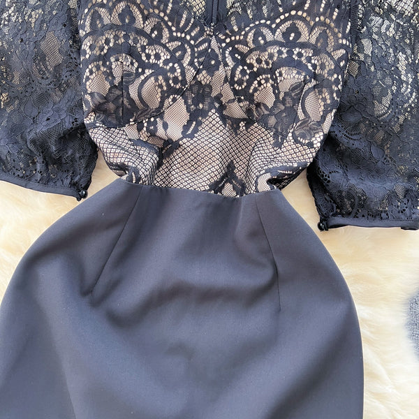 Elegant Patchwork Black Lace Dress