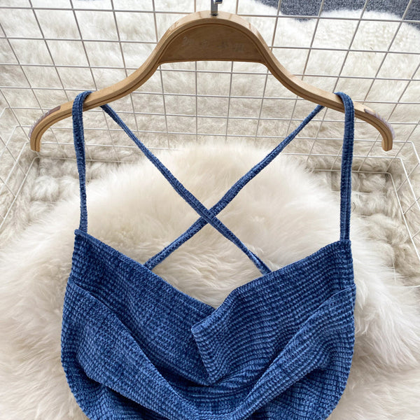 Navy Blue X-line Knitted Slip Dress