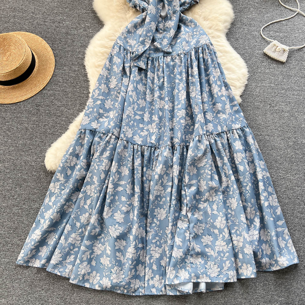 Backless Floral Printed Halter Dress