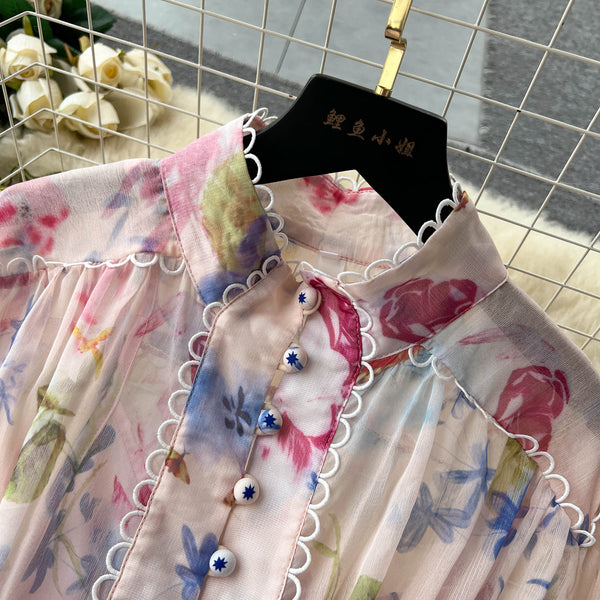 Fairy Flared Sleeve Floral Chiffon Dress