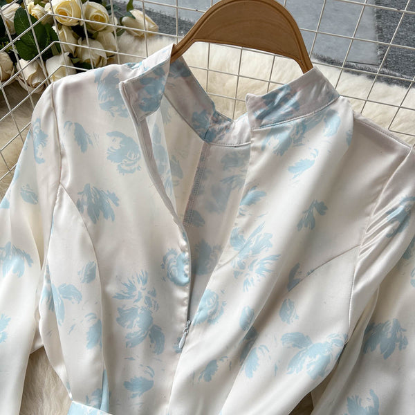 Stand Collar Patchwork Floral Chiffon Dress