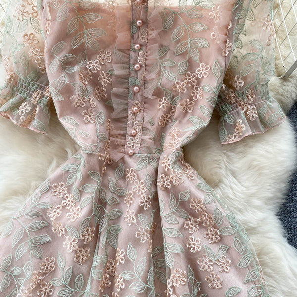 Embroidered Mesh Puff Sleeve Dress