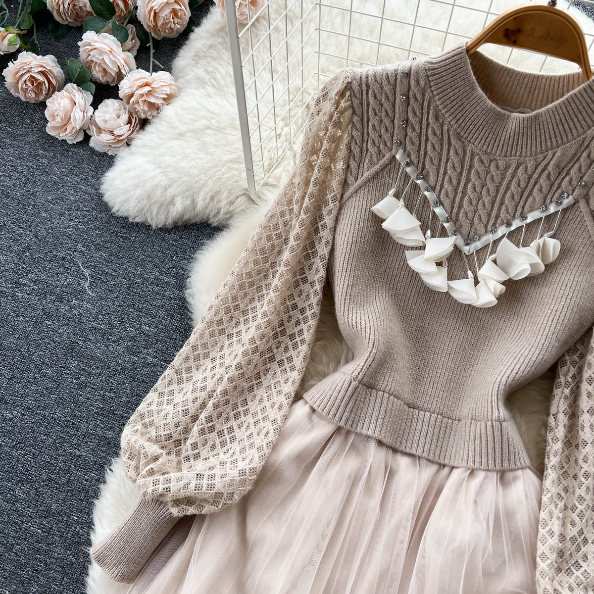 Patchwork Hollowed Mesh Over-knee Dress