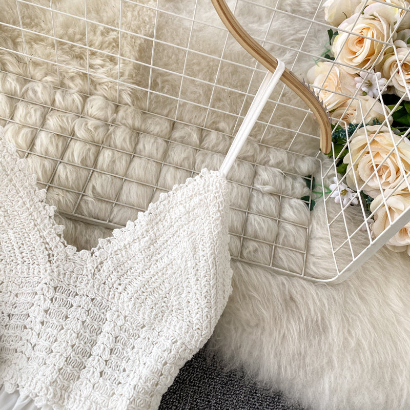 Crochet Knitted Lace-up White Slip Dress