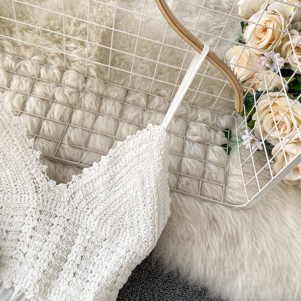 Crochet Knitted Lace-up White Slip Dress