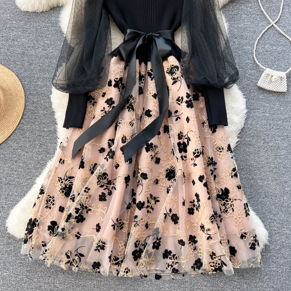 Floral Mesh Patchwork Black Dress