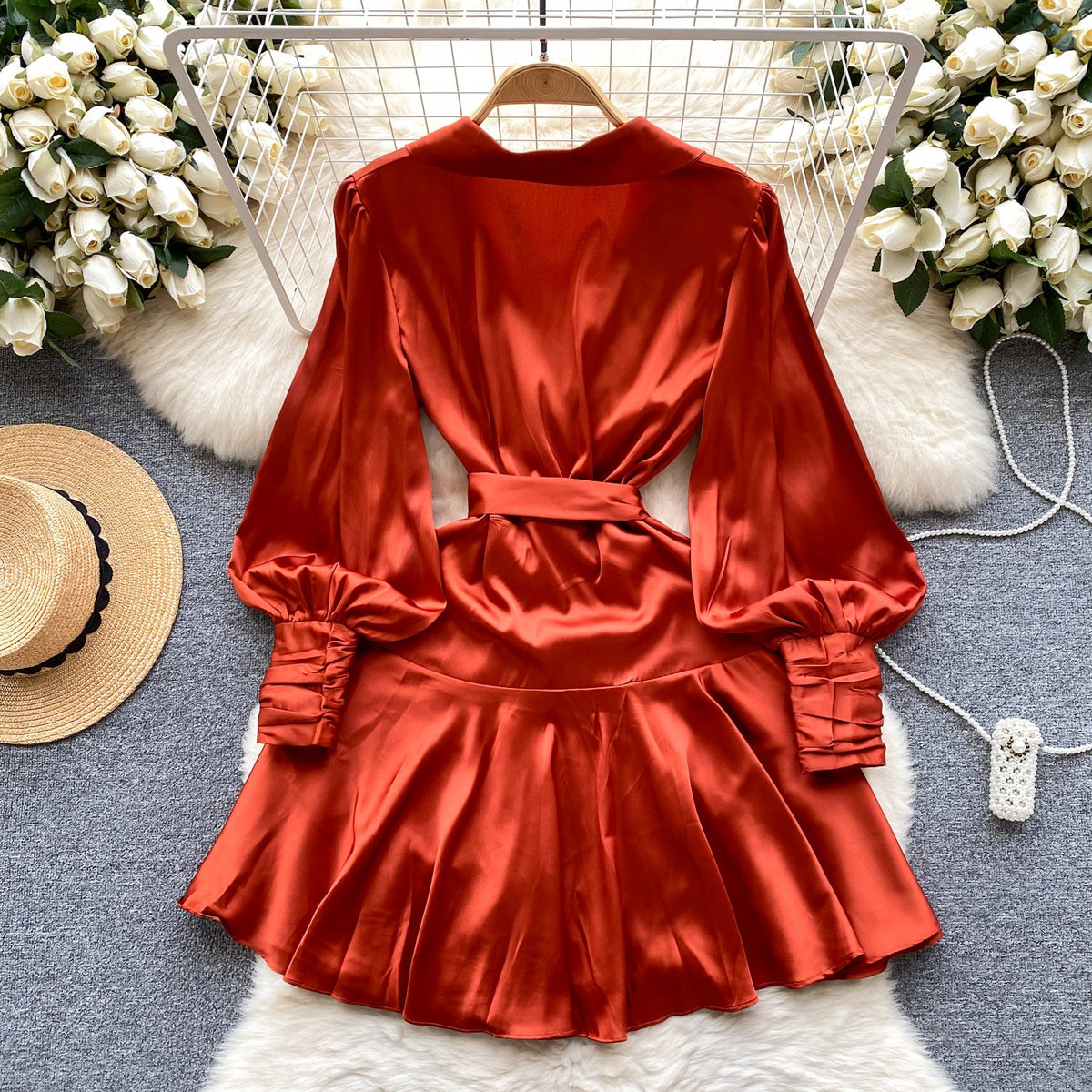 French Style V-neck Satin Wrap Dress