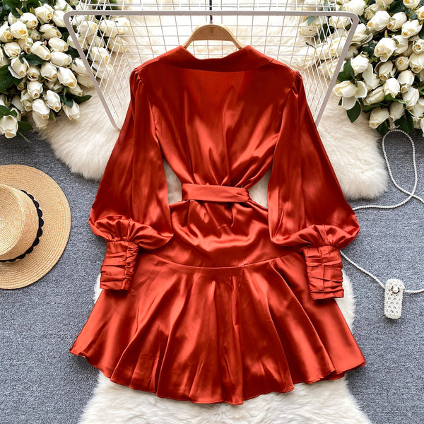 French Style V-neck Satin Wrap Dress