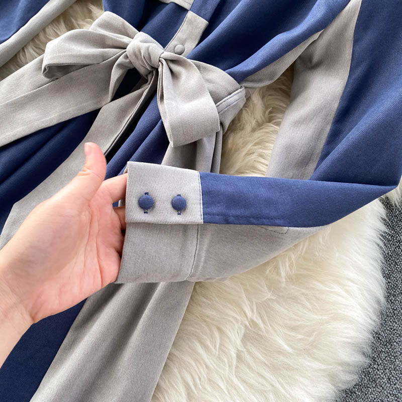 Lapel Patchwork Lace-up Coat Dress