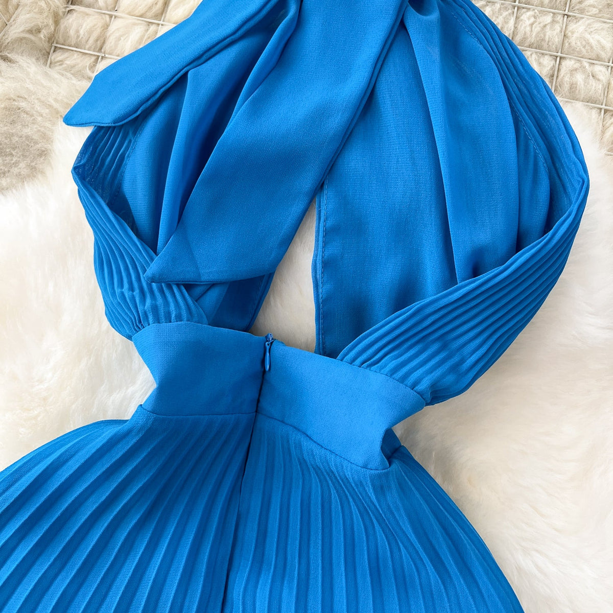 Asymmetric Pleated Blue Halter Dress