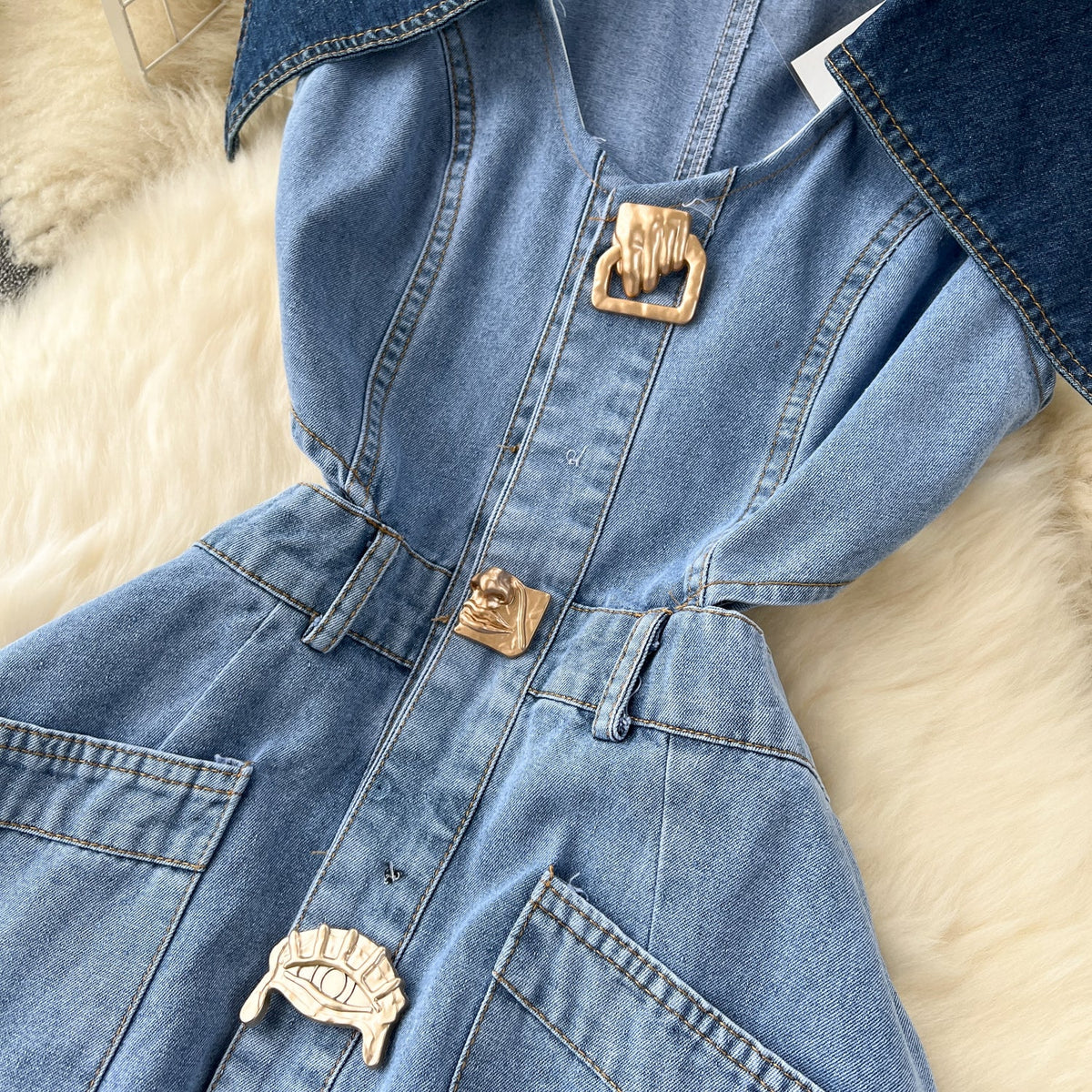 Navy Collar Sleeveless Hollowed Denim Dress