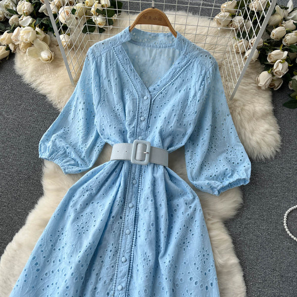 Frock With Hollow V-neck And Bubble Sleeves