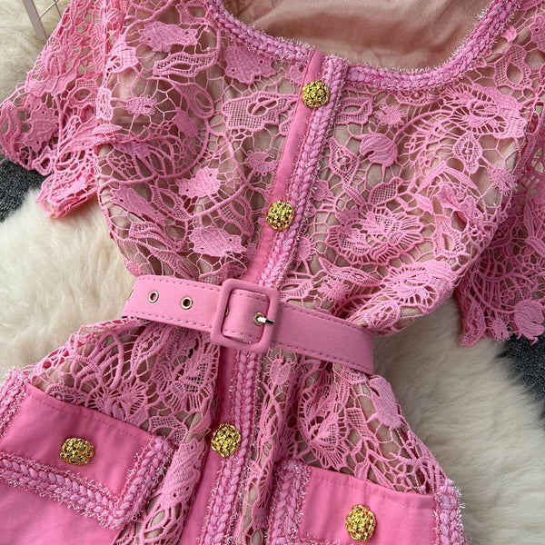 Pink Lace Embroidered Hollowed Dress