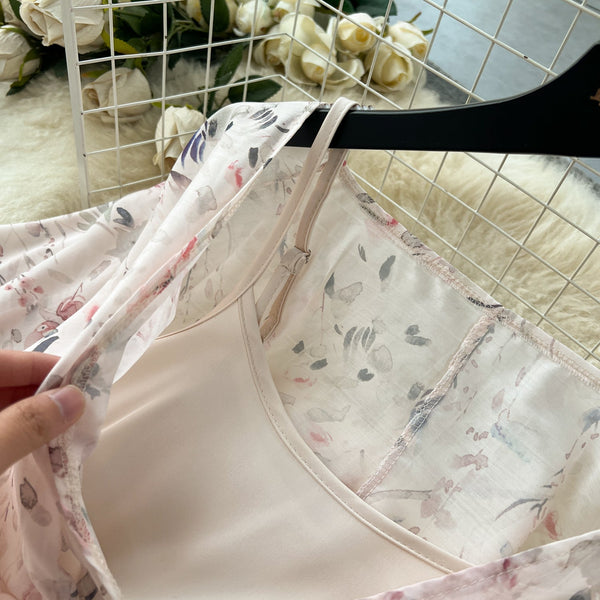 Fairy Pink Floral Faux Two-pieces Dress