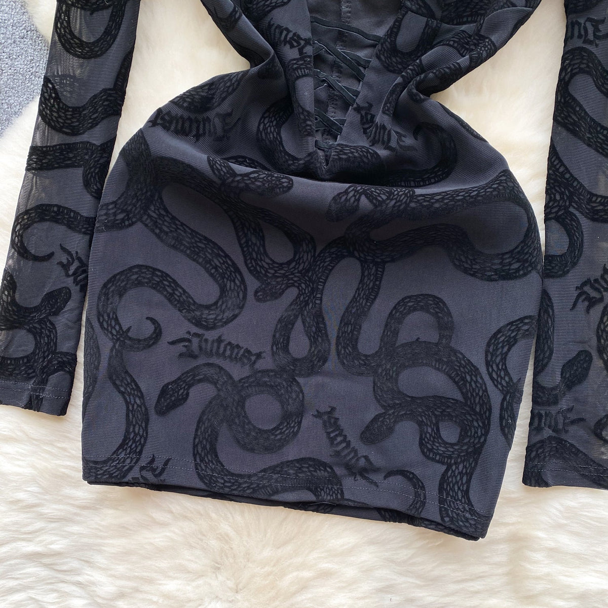 Hollowed Mesh Lace-up Black Dress