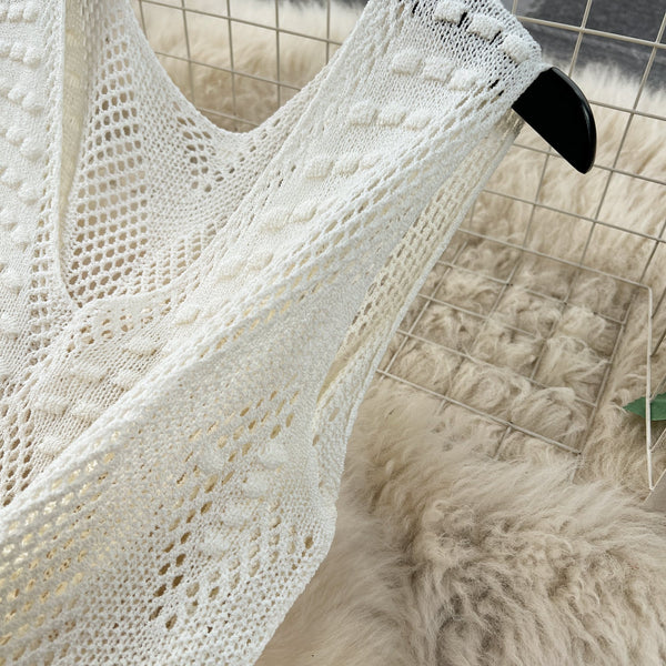 V-neck Hollowed Knitted White Dress