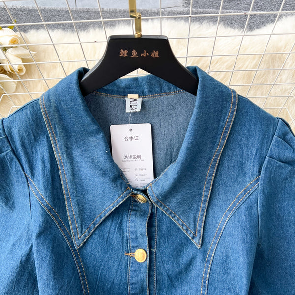 Lapel Single-breasted Denim Shirt Dress
