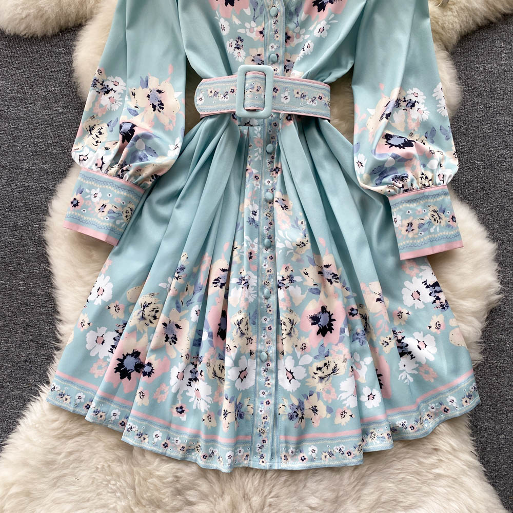 Flower Printed Long Sleeve Lace-up Dress