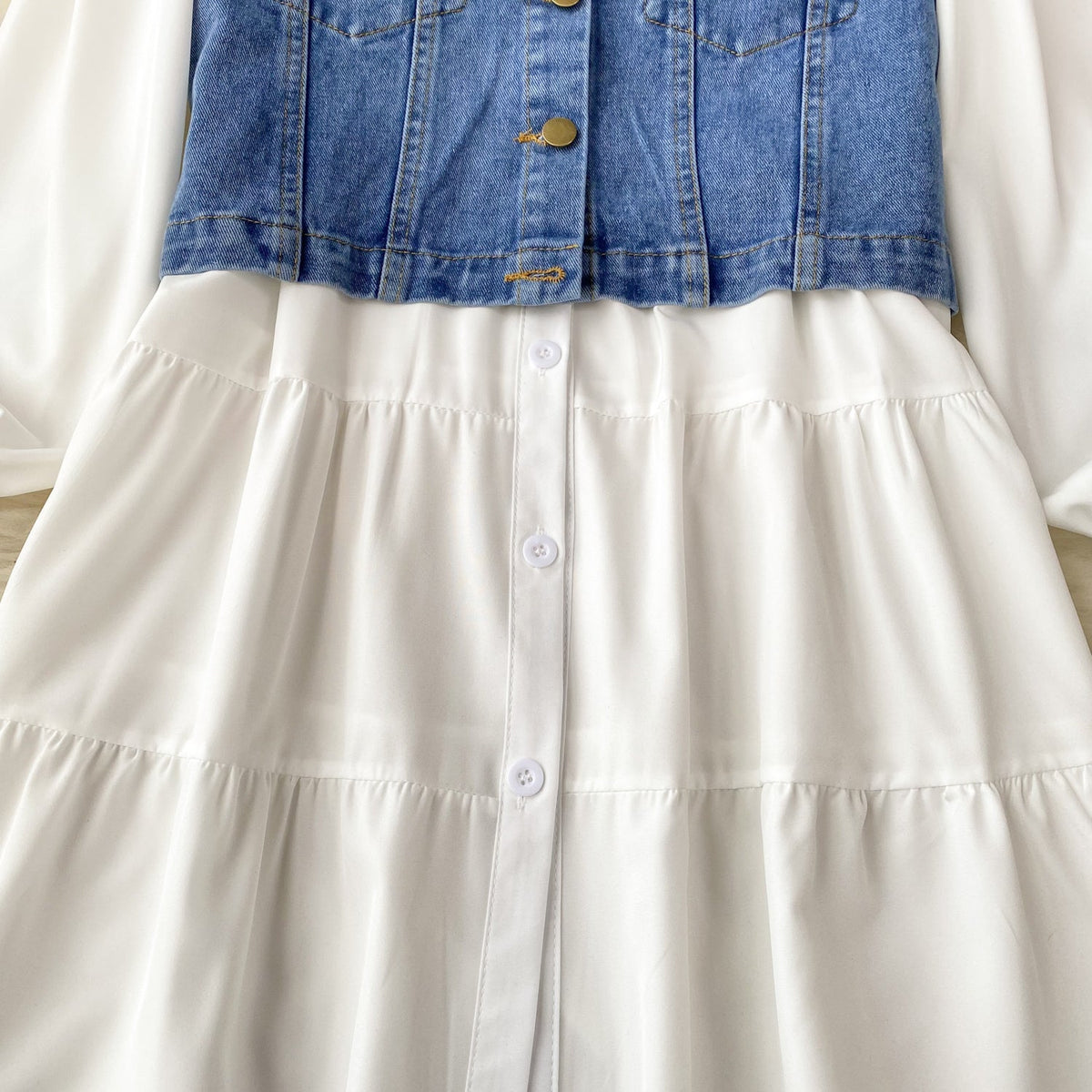 Denim Vest&White Shirt Dress 2Pcs