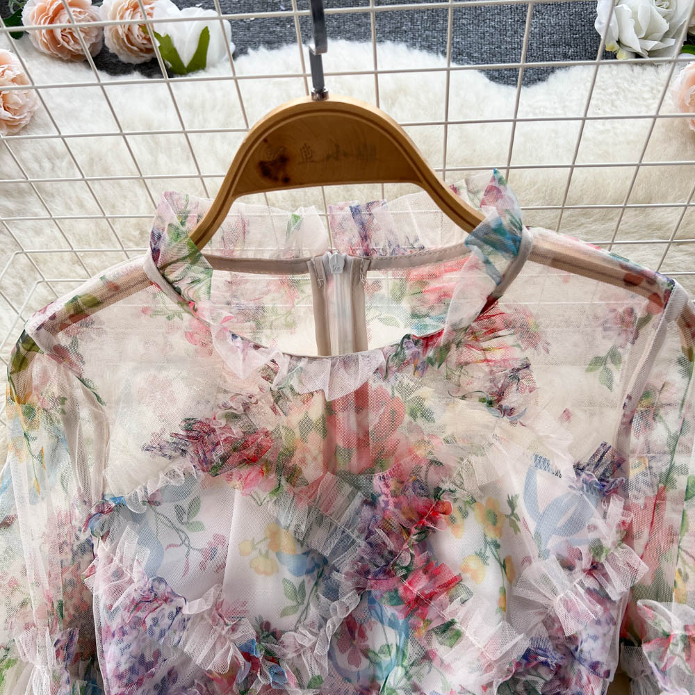 Floral Printed Hollowed Mesh Dress
