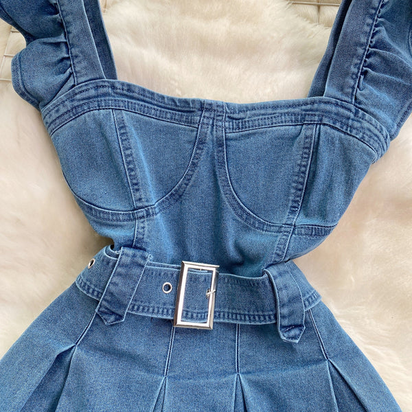 Vintage Ruffle Sleeve Denim Dress