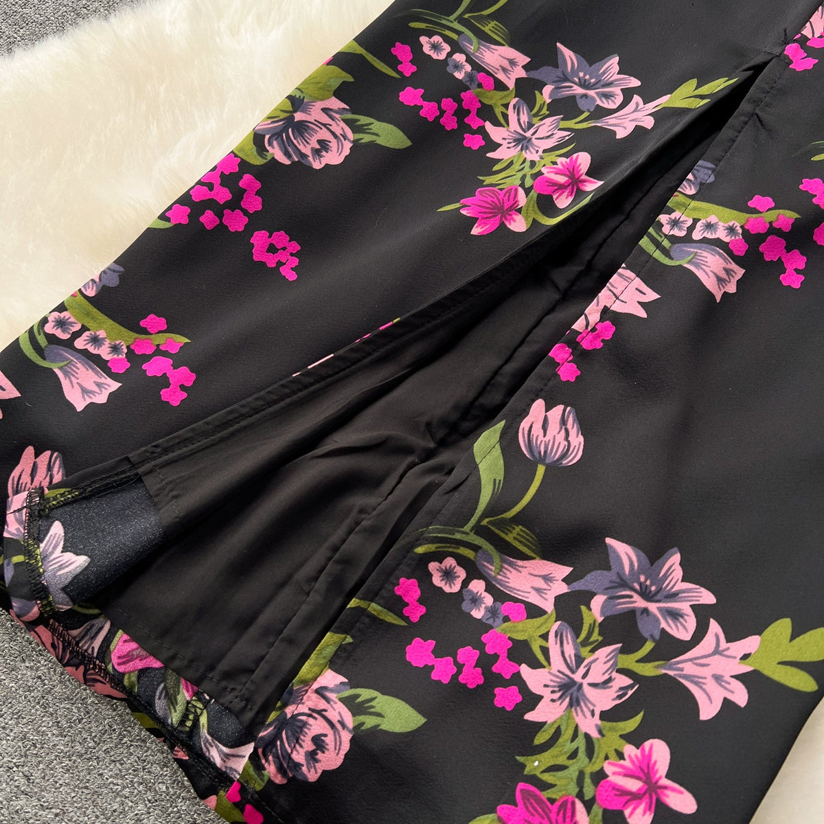 Elegant Floral Printed Black Dress