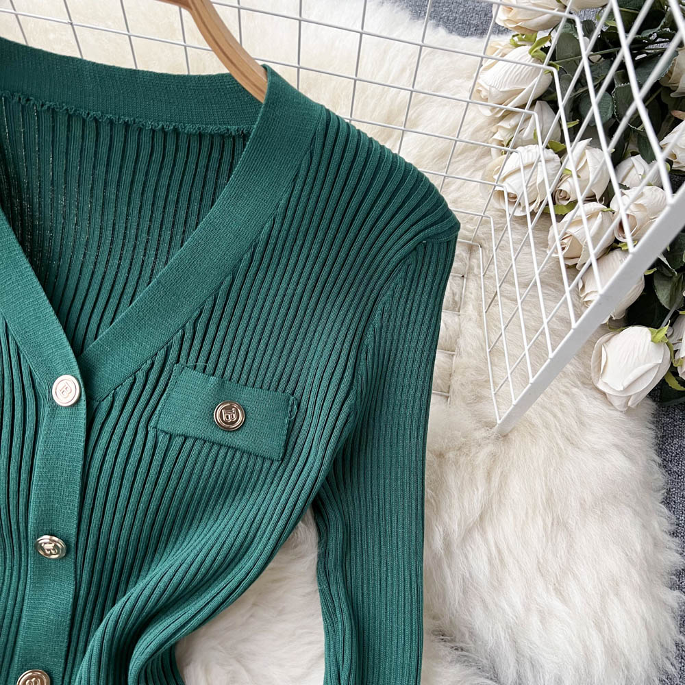 Elegant V-neck Long Sleeve Knitted Dress