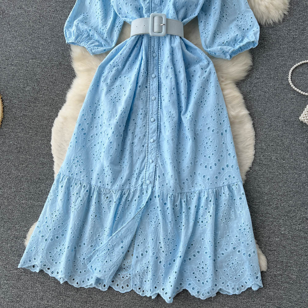 Frock With Hollow V-neck And Bubble Sleeves