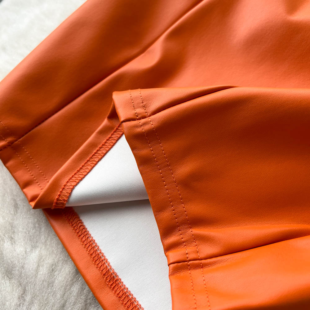 Orange PU Leather Backless Sheath Dress