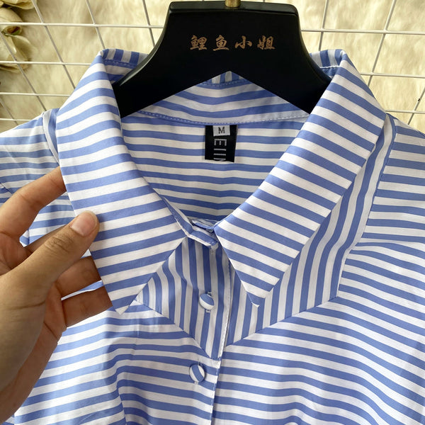 Lapeled Puffy Sleeve Striped Dress