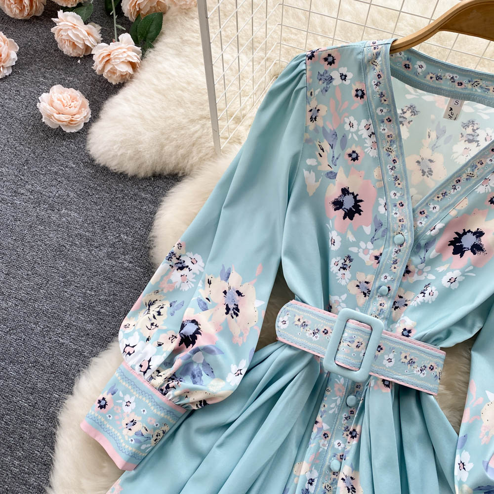 Flower Printed Long Sleeve Lace-up Dress