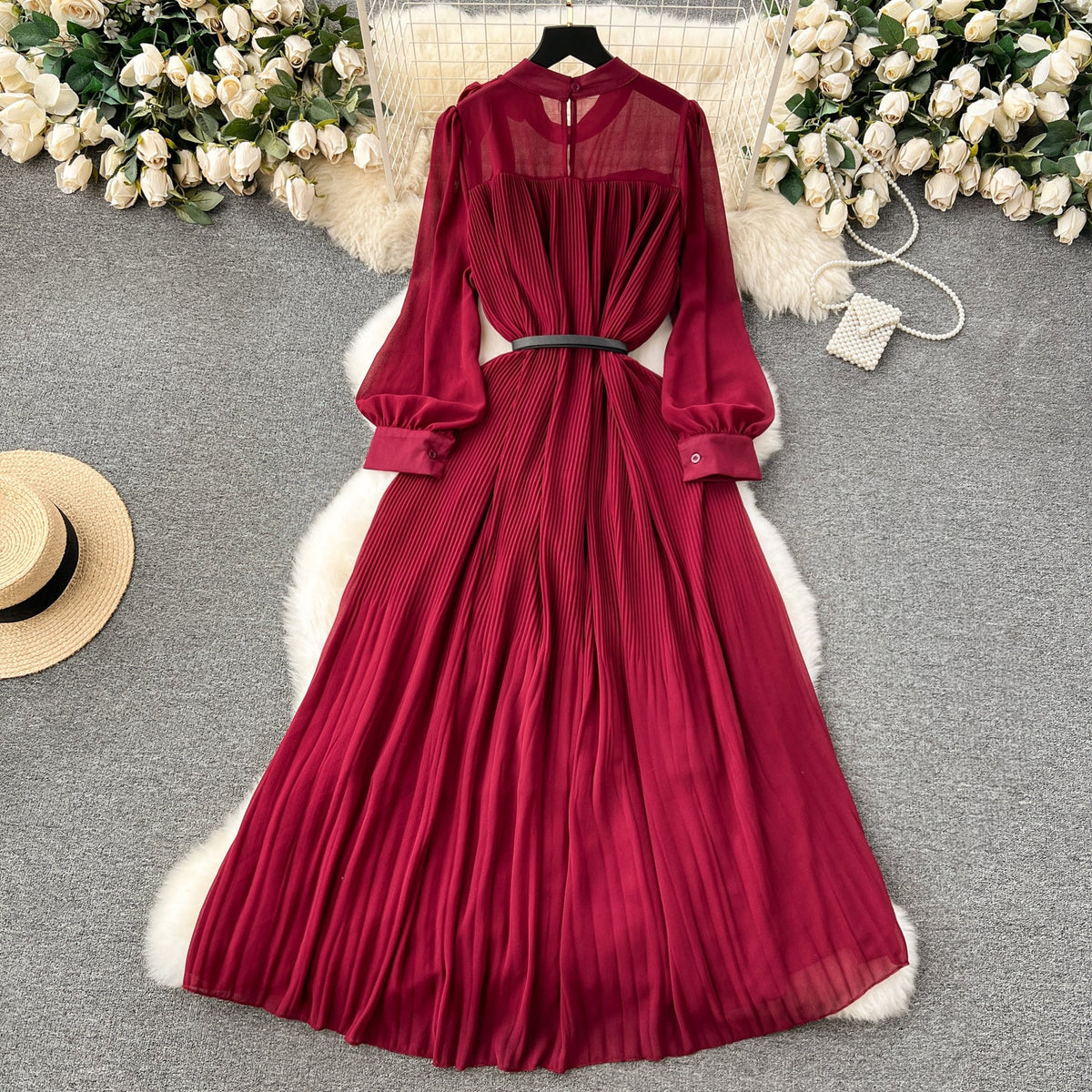 Bow-tie Pleated Chiffon Maxi Dress
