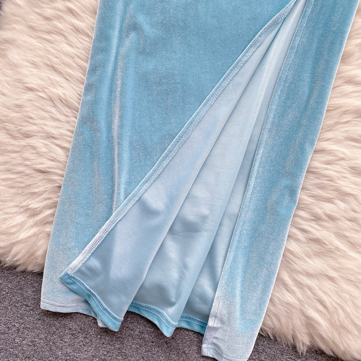 High-end Wathet Velvet Slip Dress