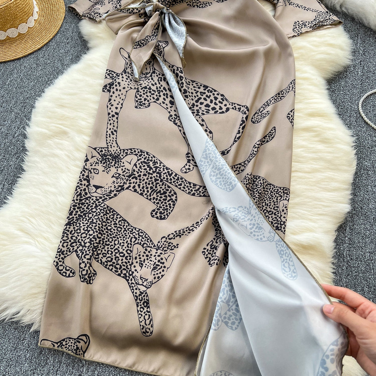 Leopard Printed Lace-up Satin Dress
